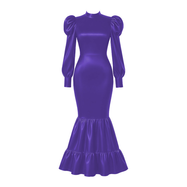 Elegant Satin Long Party Dresses Sissy Lockable Maxi Mermaid Dress Plus Size Long Sleeve Bodycon Evening Event Gowns for Women