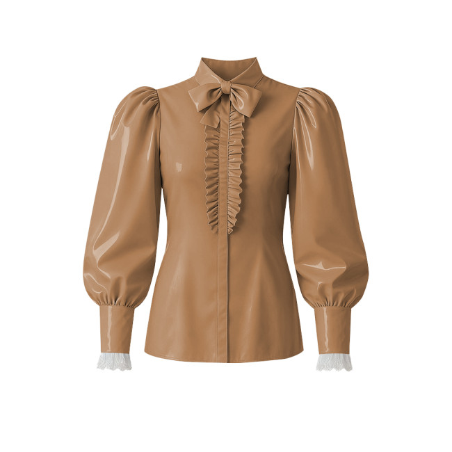 Women PVC Vinyl Leather Blouse Chic Lockable Solid Color Zipper Back Bow Shirts Lolita Preppy Style Puff Long Sleeve Shirt Tops