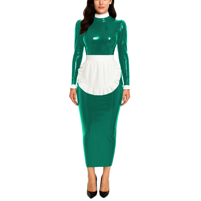 Crossdresser Wetlook Maid Long Hobble Dress Turteneck Long Sleeve Bodycon PVC Maid Dress with Apron Sissy Party Cosplay Uniforms