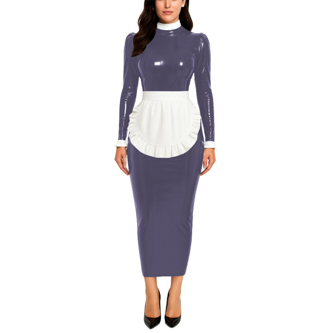 Crossdresser Wetlook Maid Long Hobble Dress Turteneck Long Sleeve Bodycon PVC Maid Dress with Apron Sissy Party Cosplay Uniforms