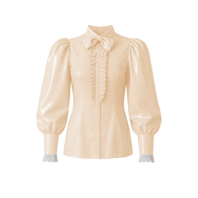 Women PVC Vinyl Leather Blouse Chic Lockable Solid Color Zipper Back Bow Shirts Lolita Preppy Style Puff Long Sleeve Shirt Tops