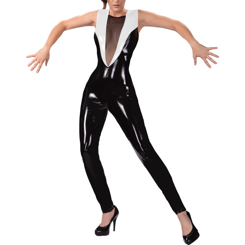 Sexy See-through Mesh Wet PVC Leather Jumpsuits Women Patchwork Sleeveless Night Club Skinny Catsuit Novetly Backless Bodysuit