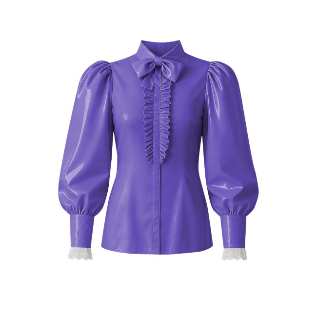 Women PVC Vinyl Leather Blouse Chic Lockable Solid Color Zipper Back Bow Shirts Lolita Preppy Style Puff Long Sleeve Shirt Tops