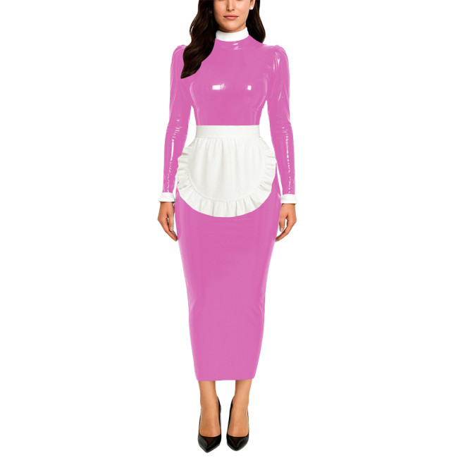 Crossdresser Wetlook Maid Long Hobble Dress Turteneck Long Sleeve Bodycon PVC Maid Dress with Apron Sissy Party Cosplay Uniforms