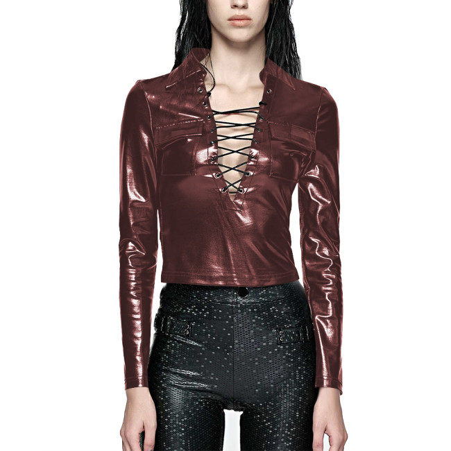 Women Punk Long Sleeve Short Tops Sexy Turn-down Collar Front Lace-up Shiny Metallic T-shirts Party Nightclub Style Hollow Tops