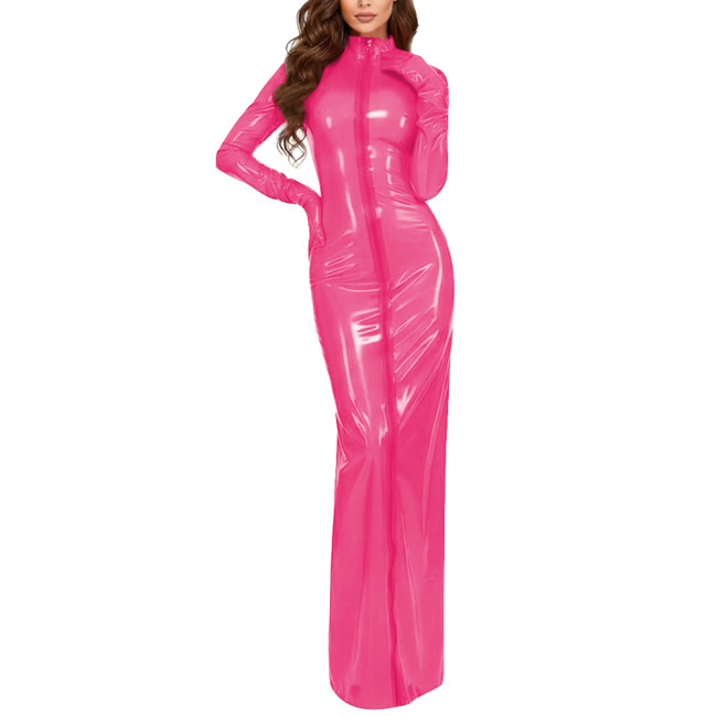 Plus Size Party Vinyl Long Pencil Dresses Women Fashion Sexy Full Sleeves Gloves High Neck Dress PVC Shiny Sheath Maxi Vestidos