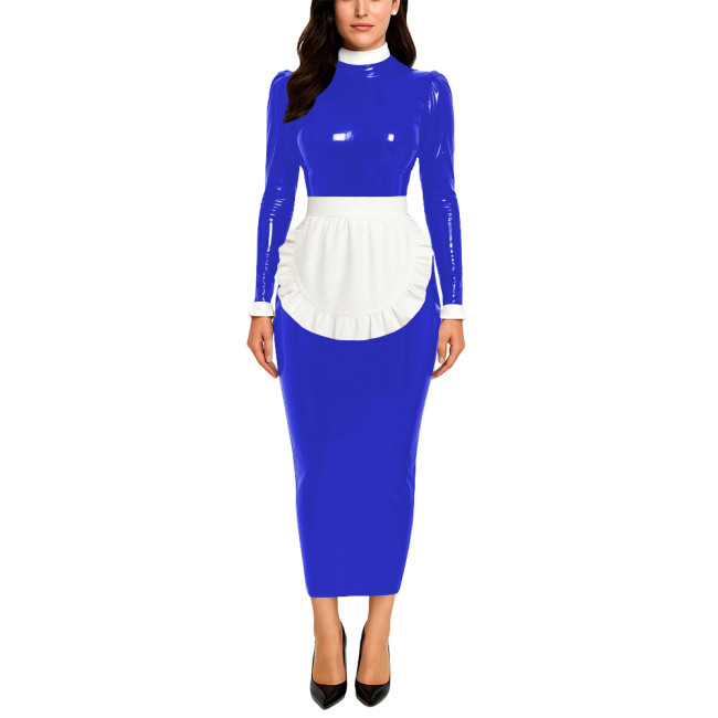Crossdresser Wetlook Maid Long Hobble Dress Turteneck Long Sleeve Bodycon PVC Maid Dress with Apron Sissy Party Cosplay Uniforms