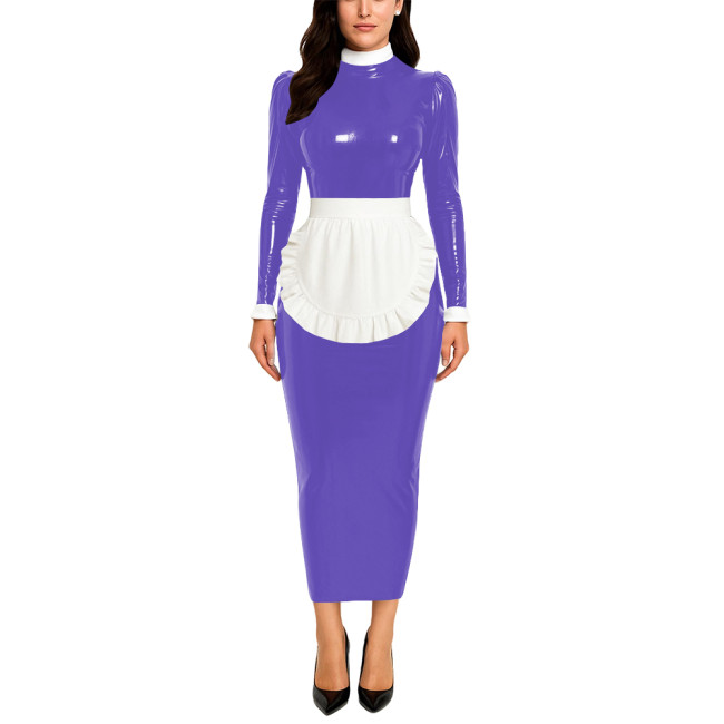 Crossdresser Wetlook Maid Long Hobble Dress Turteneck Long Sleeve Bodycon PVC Maid Dress with Apron Sissy Party Cosplay Uniforms