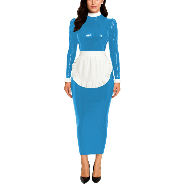 Crossdresser Wetlook Maid Long Hobble Dress Turteneck Long Sleeve Bodycon PVC Maid Dress with Apron Sissy Party Cosplay Uniforms