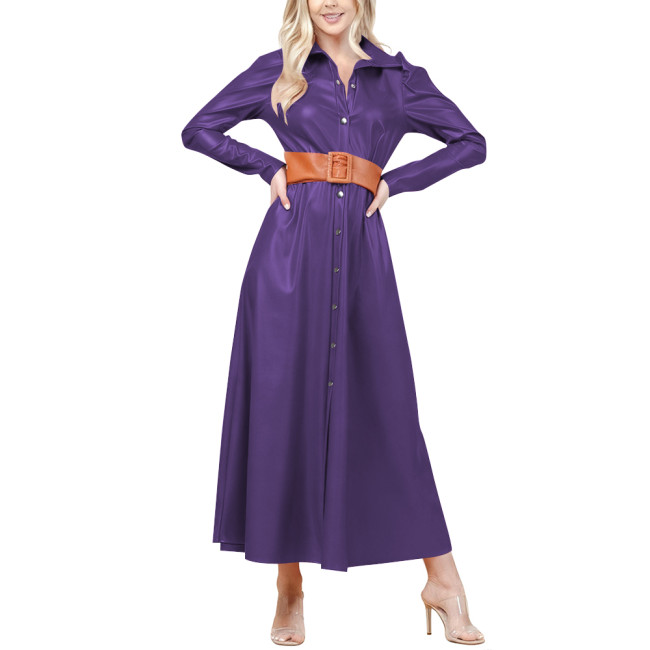 Plus Size Fashion New Long Dress Shirt Neck High Waist Large Swing Dress Casual Elegant PU Leather Single Breasted A-line Dress