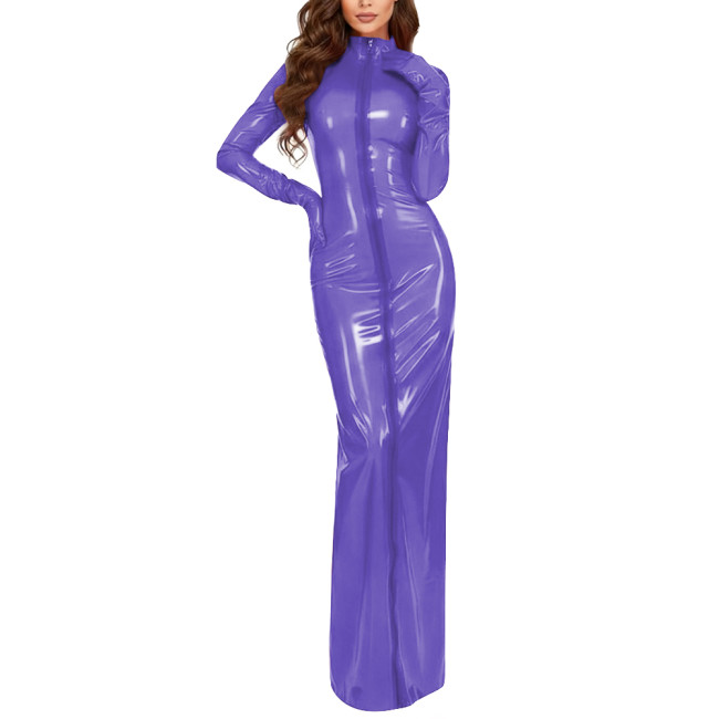 Plus Size Party Vinyl Long Pencil Dresses Women Fashion Sexy Full Sleeves Gloves High Neck Dress PVC Shiny Sheath Maxi Vestidos