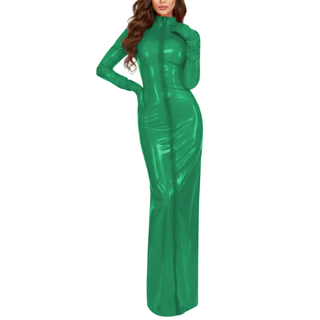 Plus Size Party Vinyl Long Pencil Dresses Women Fashion Sexy Full Sleeves Gloves High Neck Dress PVC Shiny Sheath Maxi Vestidos