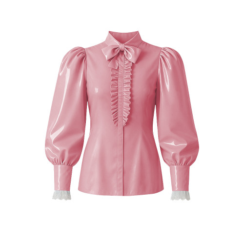 Women PVC Vinyl Leather Blouse Chic Lockable Solid Color Zipper Back Bow Shirts Lolita Preppy Style Puff Long Sleeve Shirt Tops