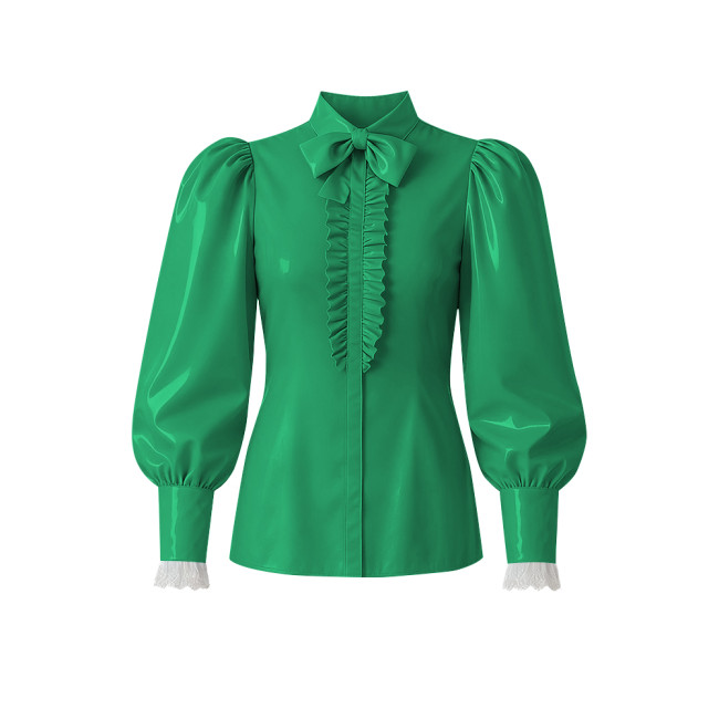 Women PVC Vinyl Leather Blouse Chic Lockable Solid Color Zipper Back Bow Shirts Lolita Preppy Style Puff Long Sleeve Shirt Tops
