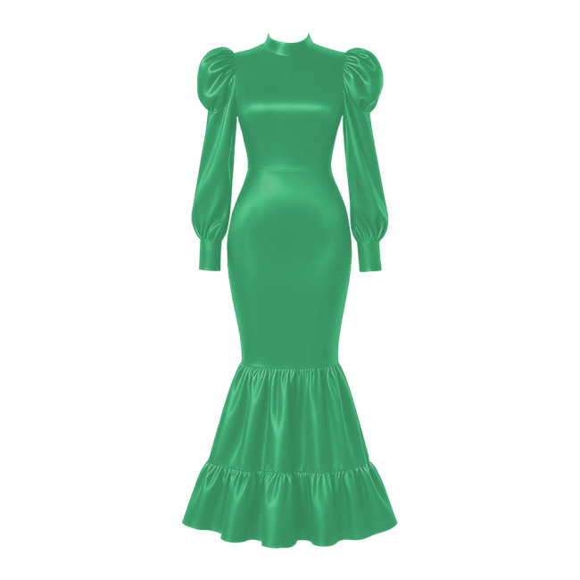 Elegant Satin Long Party Dresses Sissy Lockable Maxi Mermaid Dress Plus Size Long Sleeve Bodycon Evening Event Gowns for Women