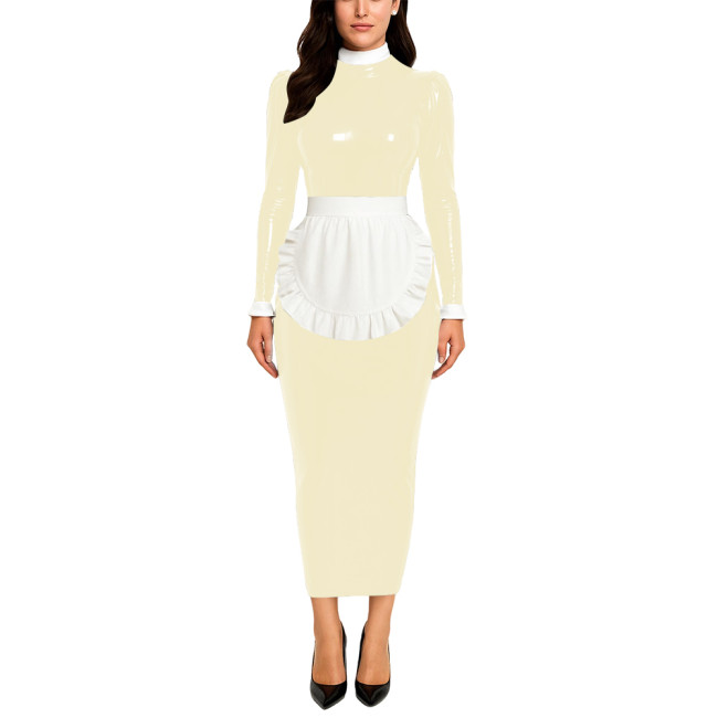 Crossdresser Wetlook Maid Long Hobble Dress Turteneck Long Sleeve Bodycon PVC Maid Dress with Apron Sissy Party Cosplay Uniforms