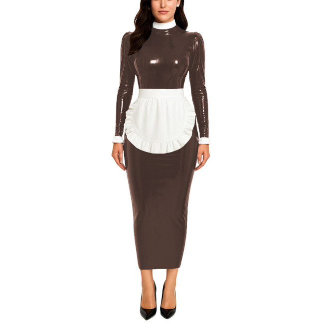 Crossdresser Wetlook Maid Long Hobble Dress Turteneck Long Sleeve Bodycon PVC Maid Dress with Apron Sissy Party Cosplay Uniforms