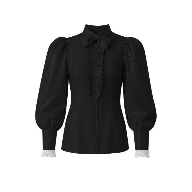 Women PVC Vinyl Leather Blouse Chic Lockable Solid Color Zipper Back Bow Shirts Lolita Preppy Style Puff Long Sleeve Shirt Tops