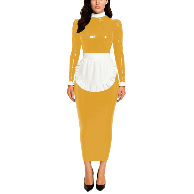 Crossdresser Wetlook Maid Long Hobble Dress Turteneck Long Sleeve Bodycon PVC Maid Dress with Apron Sissy Party Cosplay Uniforms