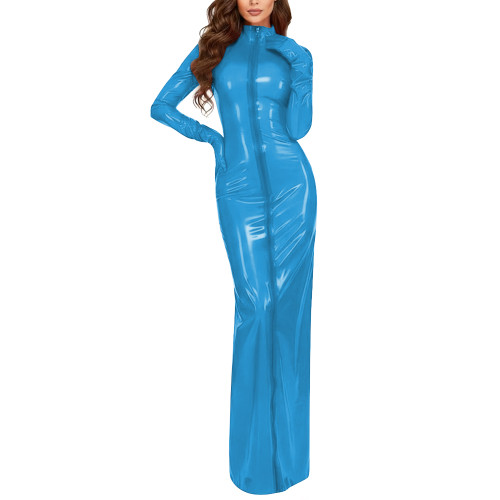 Plus Size Party Vinyl Long Pencil Dresses Women Fashion Sexy Full Sleeves Gloves High Neck Dress PVC Shiny Sheath Maxi Vestidos