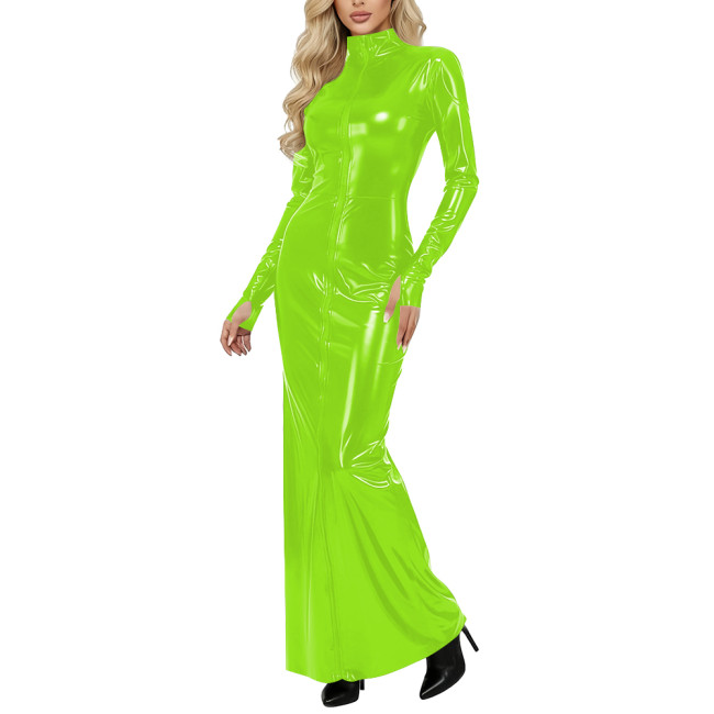 Wetlook Elegant Long Dress Women Long Sleeve Sexy Maxi Dresses Glossy PVC Leather Bodycon Hobble Dress Plus Size Party Outfit