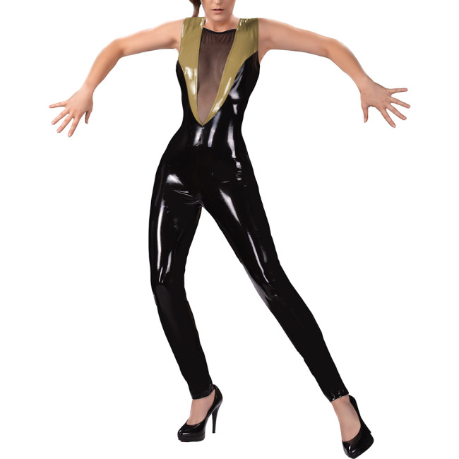 Sexy See-through Mesh Wet PVC Leather Jumpsuits Women Patchwork Sleeveless Night Club Skinny Catsuit Novetly Backless Bodysuit