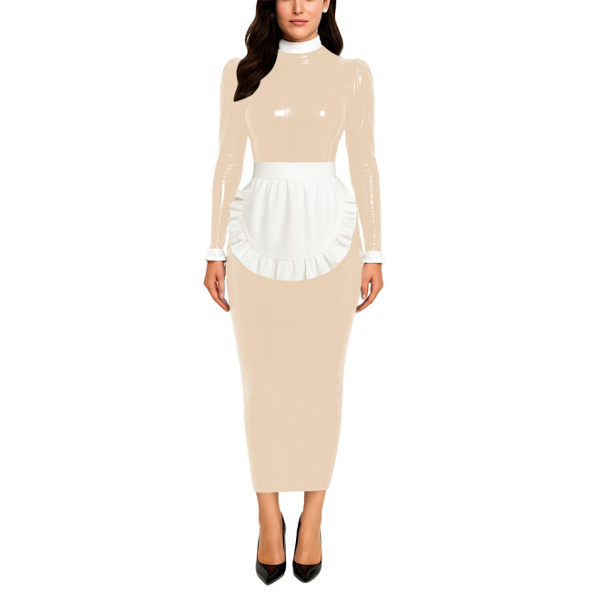 Crossdresser Wetlook Maid Long Hobble Dress Turteneck Long Sleeve Bodycon PVC Maid Dress with Apron Sissy Party Cosplay Uniforms