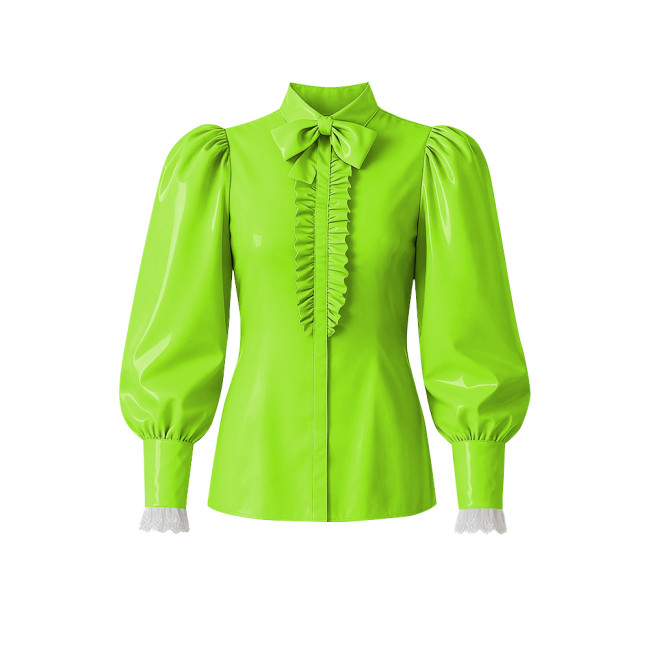 Women PVC Vinyl Leather Blouse Chic Lockable Solid Color Zipper Back Bow Shirts Lolita Preppy Style Puff Long Sleeve Shirt Tops