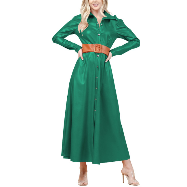 Plus Size Fashion New Long Dress Shirt Neck High Waist Large Swing Dress Casual Elegant PU Leather Single Breasted A-line Dress