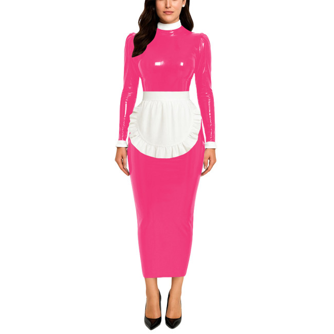 Crossdresser Wetlook Maid Long Hobble Dress Turteneck Long Sleeve Bodycon PVC Maid Dress with Apron Sissy Party Cosplay Uniforms