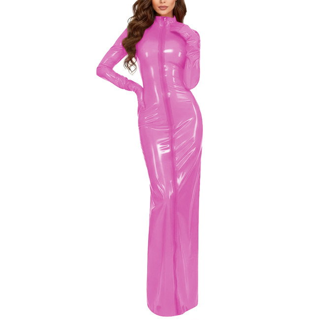 Plus Size Party Vinyl Long Pencil Dresses Women Fashion Sexy Full Sleeves Gloves High Neck Dress PVC Shiny Sheath Maxi Vestidos