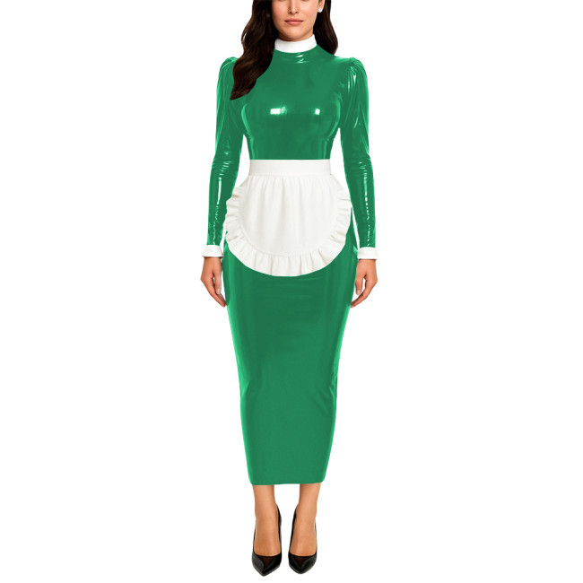 Crossdresser Wetlook Maid Long Hobble Dress Turteneck Long Sleeve Bodycon PVC Maid Dress with Apron Sissy Party Cosplay Uniforms