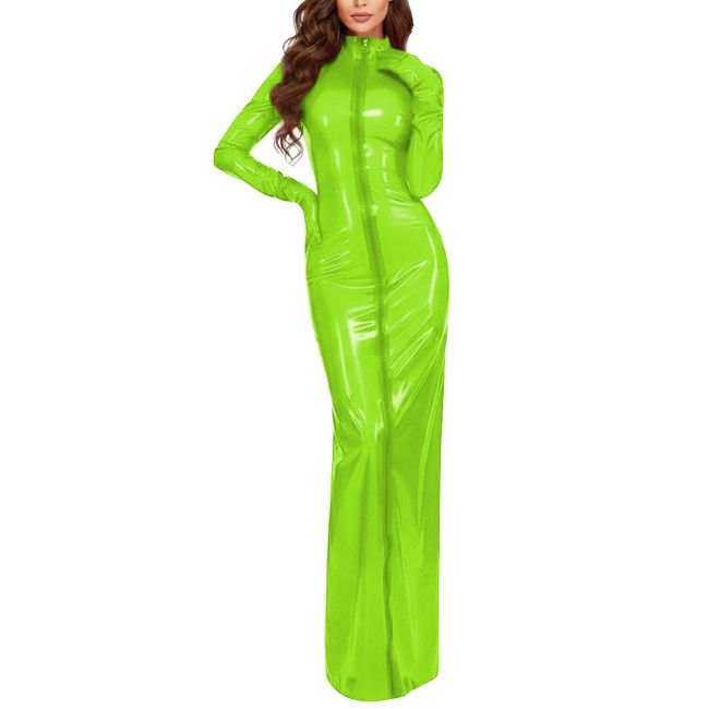 Plus Size Party Vinyl Long Pencil Dresses Women Fashion Sexy Full Sleeves Gloves High Neck Dress PVC Shiny Sheath Maxi Vestidos