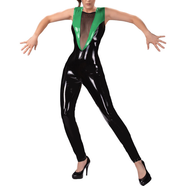 Sexy See-through Mesh Wet PVC Leather Jumpsuits Women Patchwork Sleeveless Night Club Skinny Catsuit Novetly Backless Bodysuit
