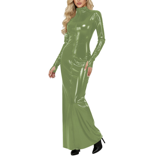 Wetlook Elegant Long Dress Women Long Sleeve Sexy Maxi Dresses Glossy PVC Leather Bodycon Hobble Dress Plus Size Party Outfit