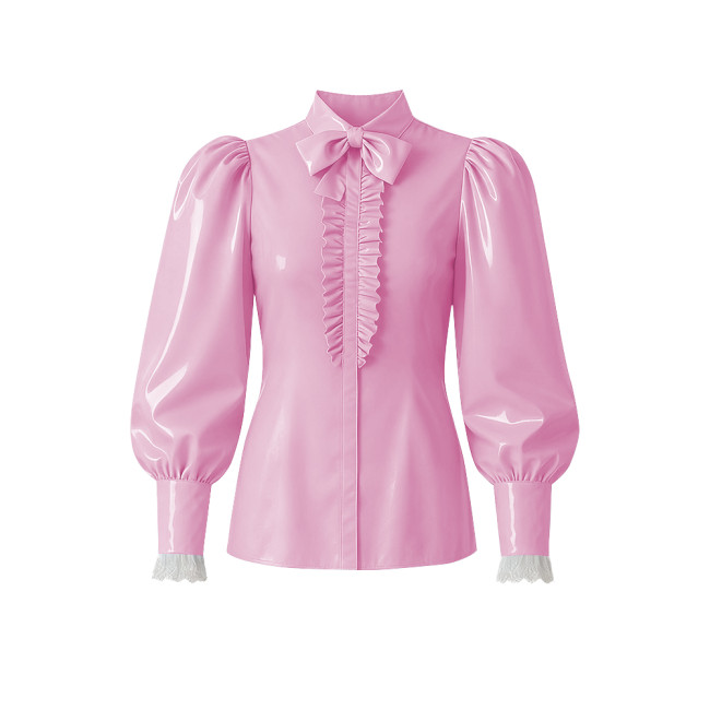 Women PVC Vinyl Leather Blouse Chic Lockable Solid Color Zipper Back Bow Shirts Lolita Preppy Style Puff Long Sleeve Shirt Tops