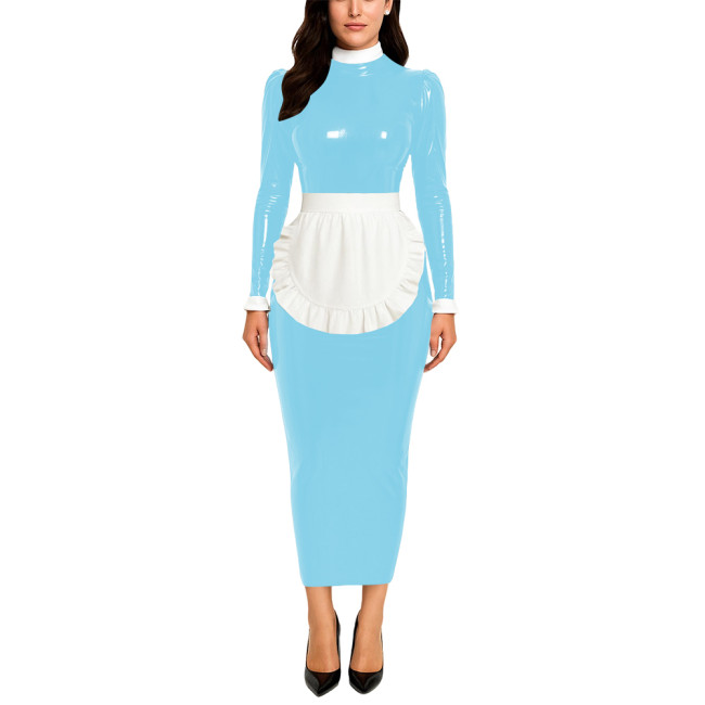 Crossdresser Wetlook Maid Long Hobble Dress Turteneck Long Sleeve Bodycon PVC Maid Dress with Apron Sissy Party Cosplay Uniforms