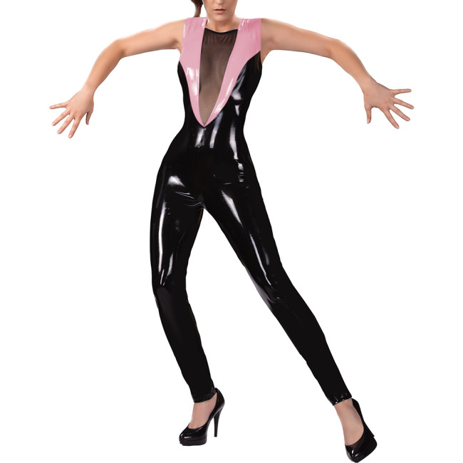 Sexy See-through Mesh Wet PVC Leather Jumpsuits Women Patchwork Sleeveless Night Club Skinny Catsuit Novetly Backless Bodysuit