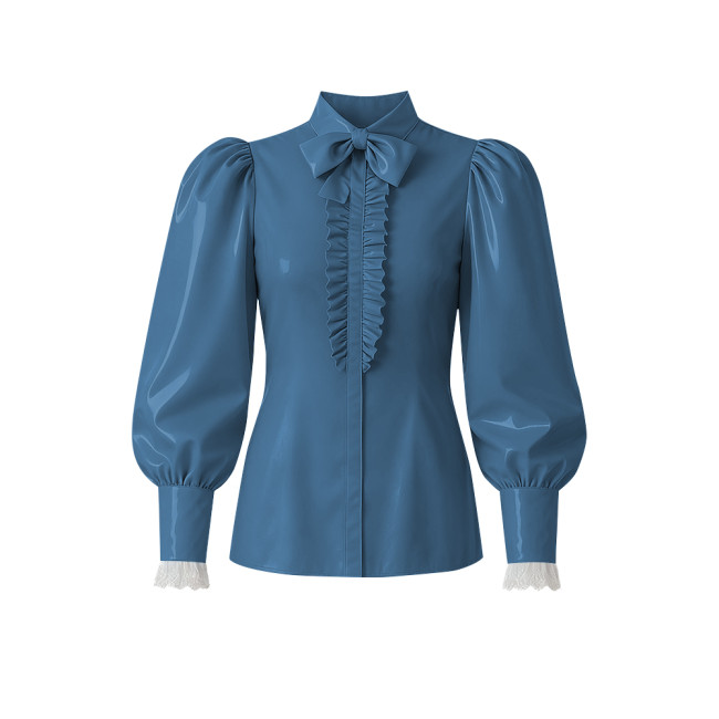 Women PVC Vinyl Leather Blouse Chic Lockable Solid Color Zipper Back Bow Shirts Lolita Preppy Style Puff Long Sleeve Shirt Tops
