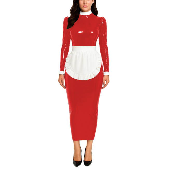 Crossdresser Wetlook Maid Long Hobble Dress Turteneck Long Sleeve Bodycon PVC Maid Dress with Apron Sissy Party Cosplay Uniforms