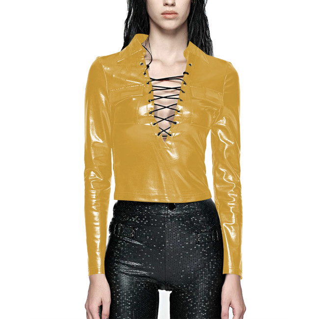 Women Punk Long Sleeve Short Tops Sexy Turn-down Collar Front Lace-up Shiny Metallic T-shirts Party Nightclub Style Hollow Tops
