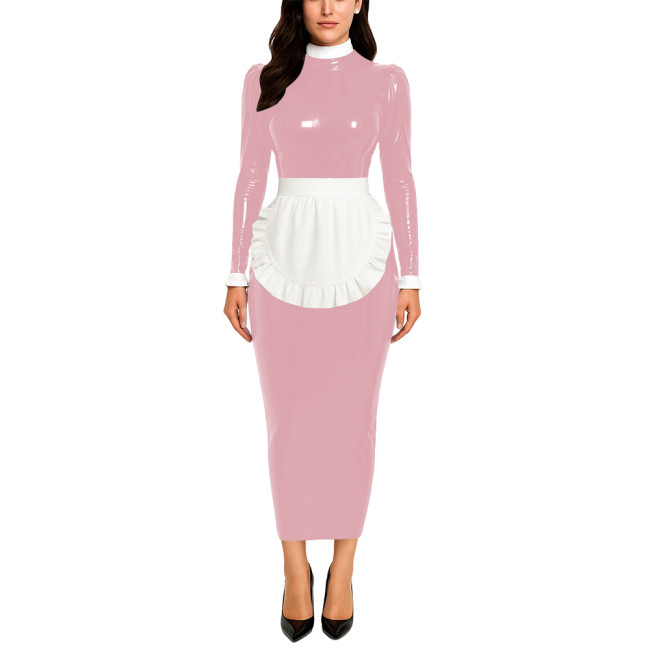 Crossdresser Wetlook Maid Long Hobble Dress Turteneck Long Sleeve Bodycon PVC Maid Dress with Apron Sissy Party Cosplay Uniforms