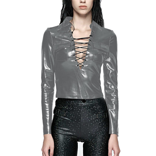 Women Punk Long Sleeve Short Tops Sexy Turn-down Collar Front Lace-up Shiny Metallic T-shirts Party Nightclub Style Hollow Tops