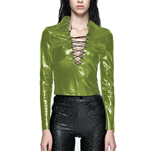 Women Punk Long Sleeve Short Tops Sexy Turn-down Collar Front Lace-up Shiny Metallic T-shirts Party Nightclub Style Hollow Tops