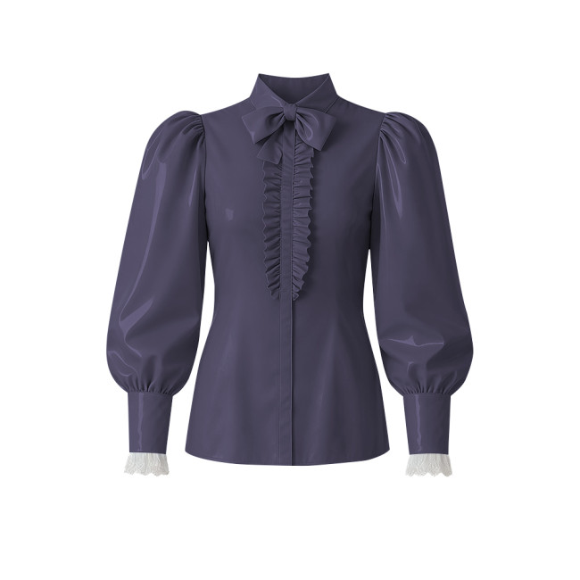 Women PVC Vinyl Leather Blouse Chic Lockable Solid Color Zipper Back Bow Shirts Lolita Preppy Style Puff Long Sleeve Shirt Tops