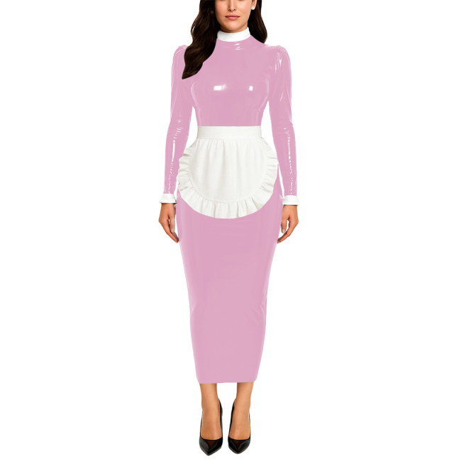 Crossdresser Wetlook Maid Long Hobble Dress Turteneck Long Sleeve Bodycon PVC Maid Dress with Apron Sissy Party Cosplay Uniforms