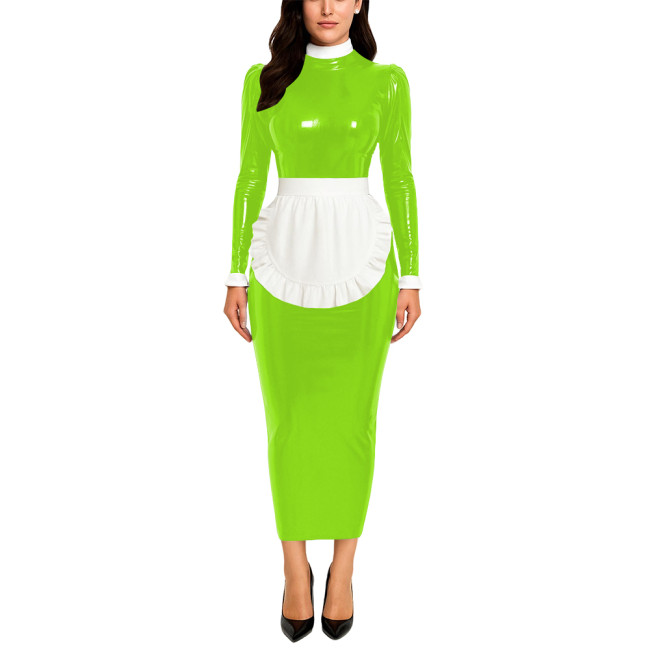 Crossdresser Wetlook Maid Long Hobble Dress Turteneck Long Sleeve Bodycon PVC Maid Dress with Apron Sissy Party Cosplay Uniforms