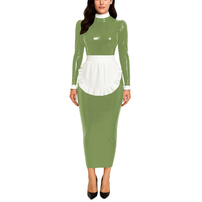 Crossdresser Wetlook Maid Long Hobble Dress Turteneck Long Sleeve Bodycon PVC Maid Dress with Apron Sissy Party Cosplay Uniforms