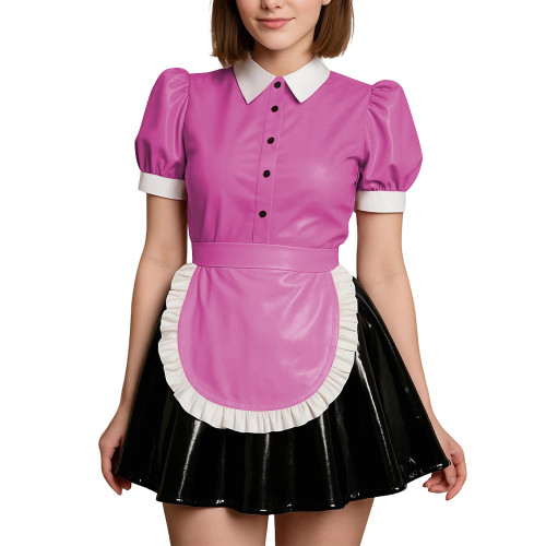 Elegant Sweet Apron Maid Dress Uniform PU Matte Leather Short Sleeves Mini Pleated Dress Halloween Theme Party Roleplay Clothes