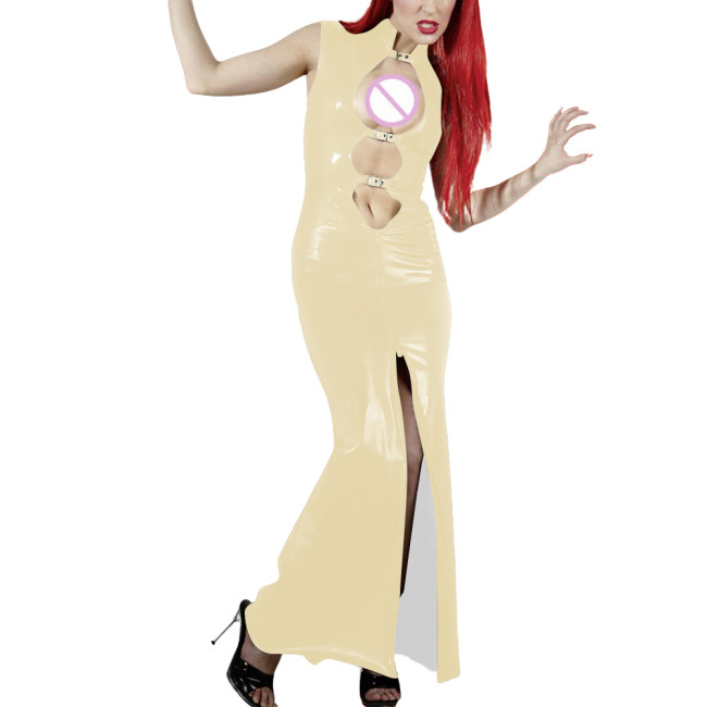 Shiny PVC Leather Hollow Out Party Women Maxi Dresses Fashion Sexy Buckle Cutout Sleeveless Slim Sheath Dress Wetlook Clubwear